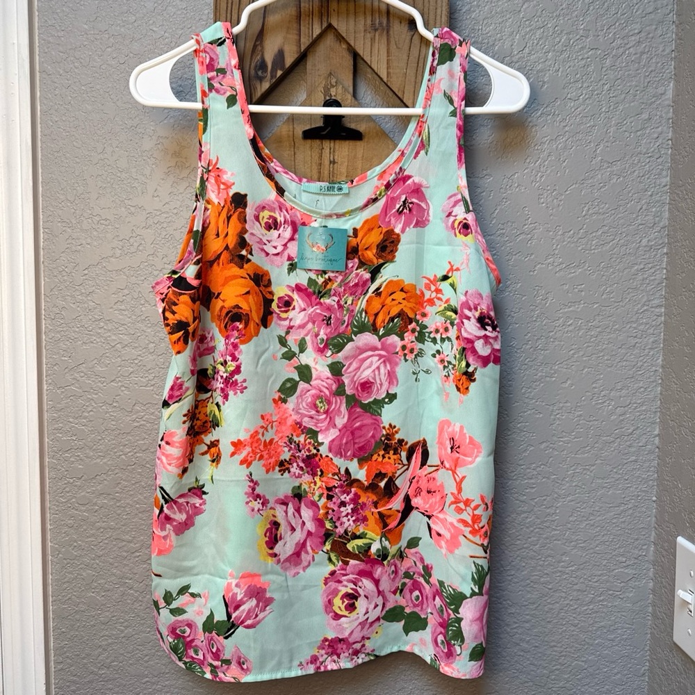 Floral Scoop Neck Tank Top - Mint with Pink & Orange Flowers